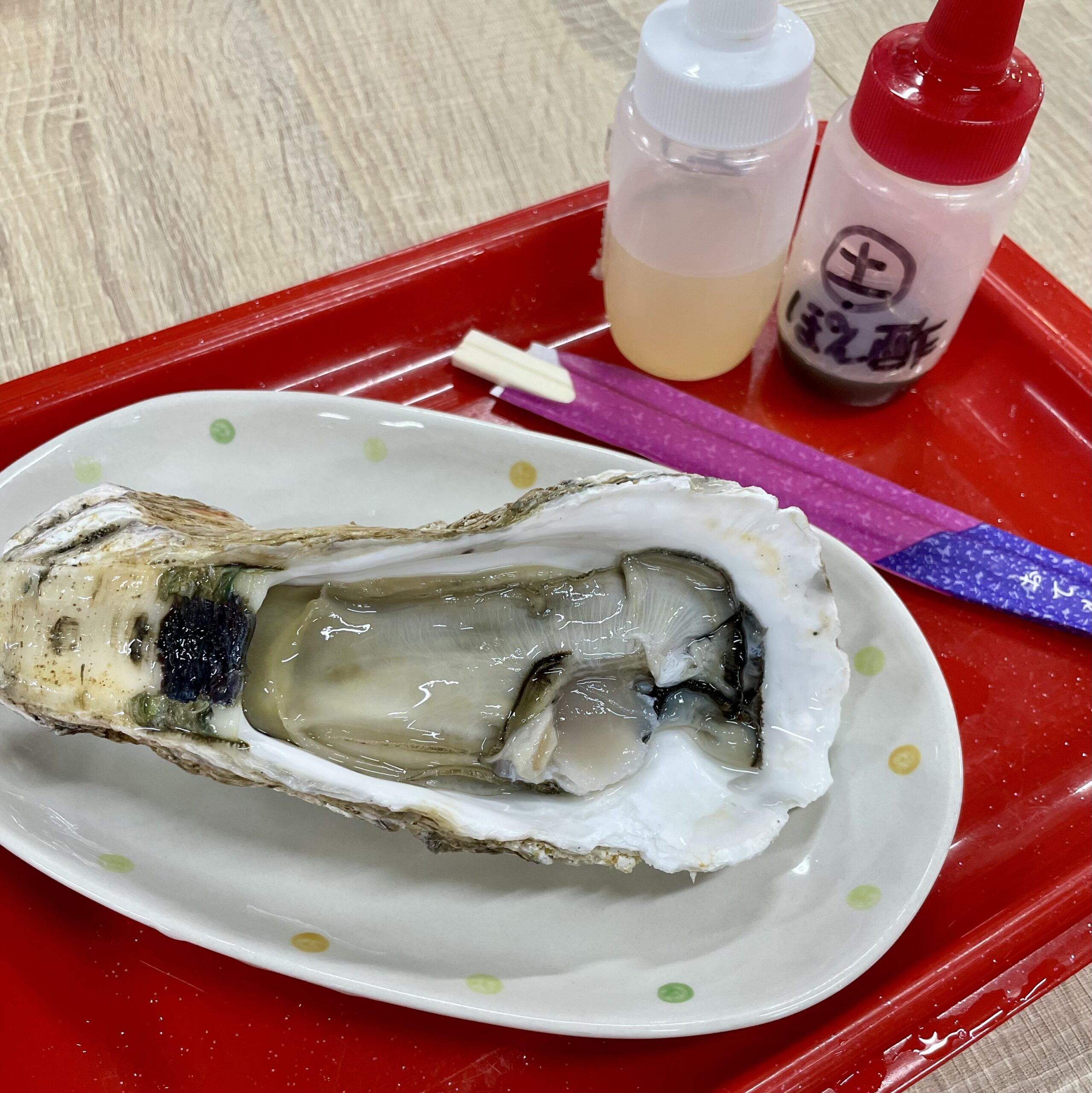 境港の直売市場で食べた鳥取のブランド岩牡蠣「夏輝」の生牡蠣。大きな身を、レモン酢とポン酢で